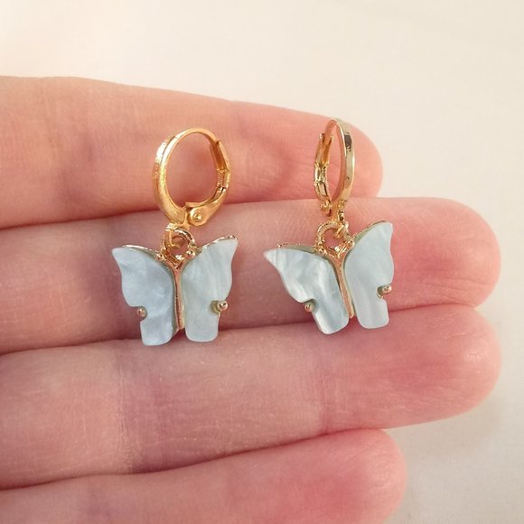 Gold Plated Blue Opal Resin Butterfly Earrings Pendant Necklace Set 18" Gift - Picture 2 of 4